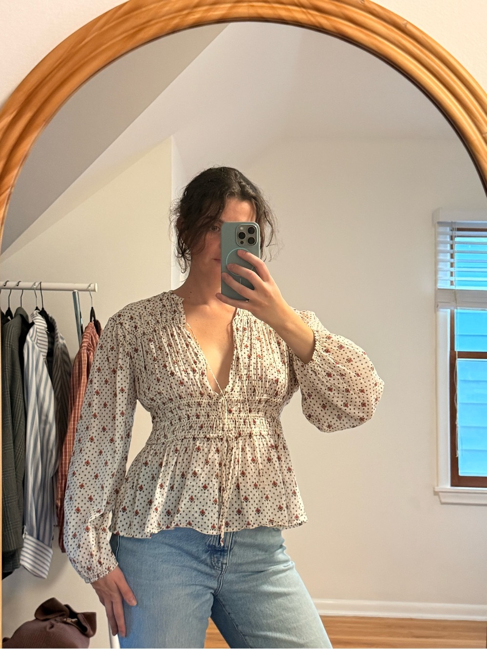 Floral Smocked Button-Down Blouse in Cream and Rust